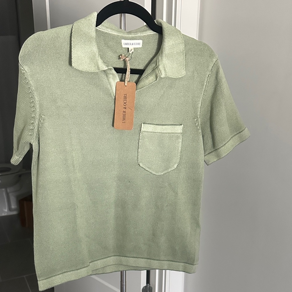 Men’s Umber and Ochre Short Sleeve Polo Top in Sage Green
